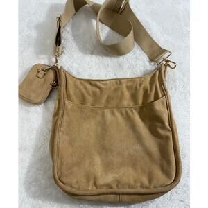 Ah-dorned Suede Messenger bag with Guitar Strap Matching Mini Pouch Tan